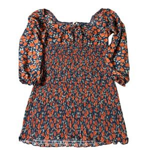 Blush Floral Smocked Dress Blue Orange Puff Sleeve Boho Women's L